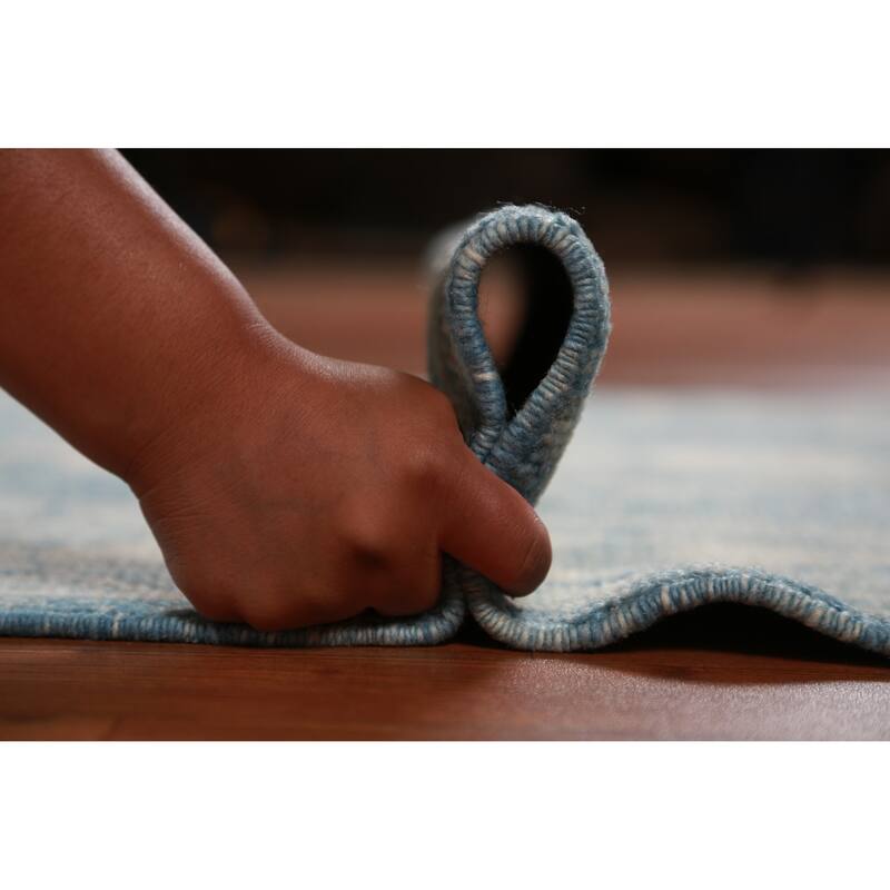 Hand Knotted Oriental 100% Wool Carpet Transitional Geometric Navy Blue & Blues Oushak Runner Rug - 18' 8'' X 3' 2''