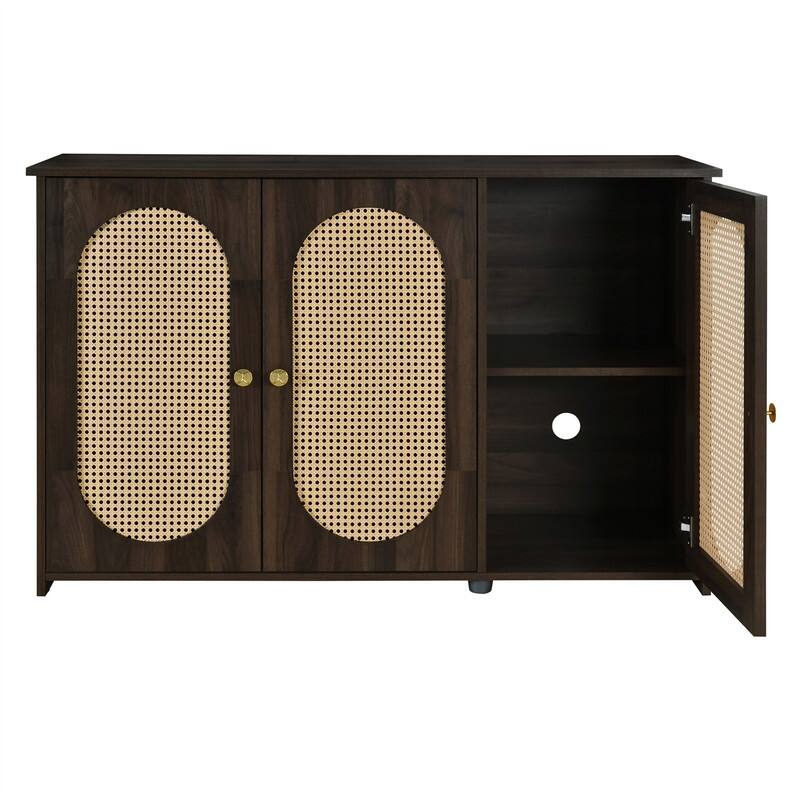 Retro 3-Door Sideboard with PVC Rattan Doors and Metal Handles, Buffet Cabinet Accent Storage Cabinet with Storage Shelves
