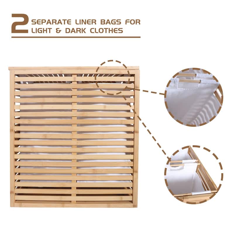 VEIKOUS Bamboo Divided Hamper Laundry Basket with Lid and Removable ...