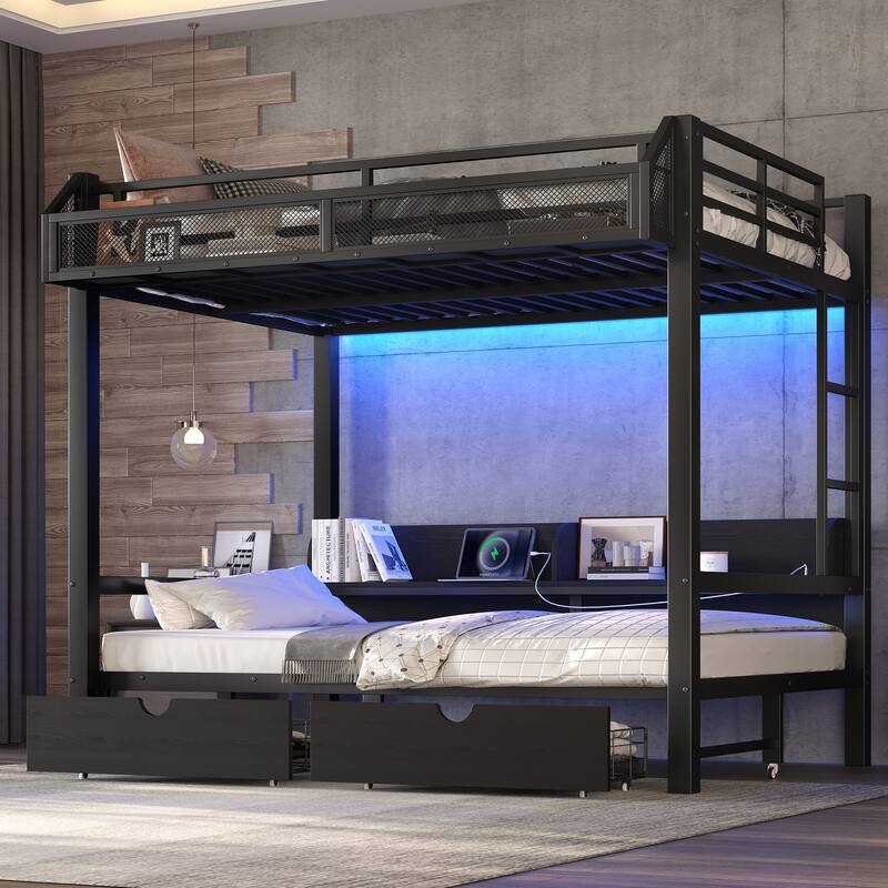 Full over Full Bunk Bed with Storage, USB Ports & LED Lights, Converts to Sofa, Metal Frame