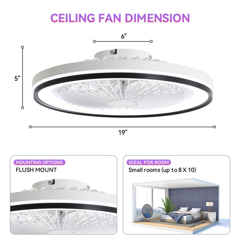 15"/19''/20"/42" RGB Color Dimmable LED Ceiling Fan with APP & Remote Control 6 Wind Speed, with Bluetooth Speaker Optional