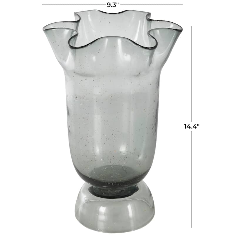 Black Glass Tulip Inspired Wide Floral Vase with Wavy Opening and Gold Speckles