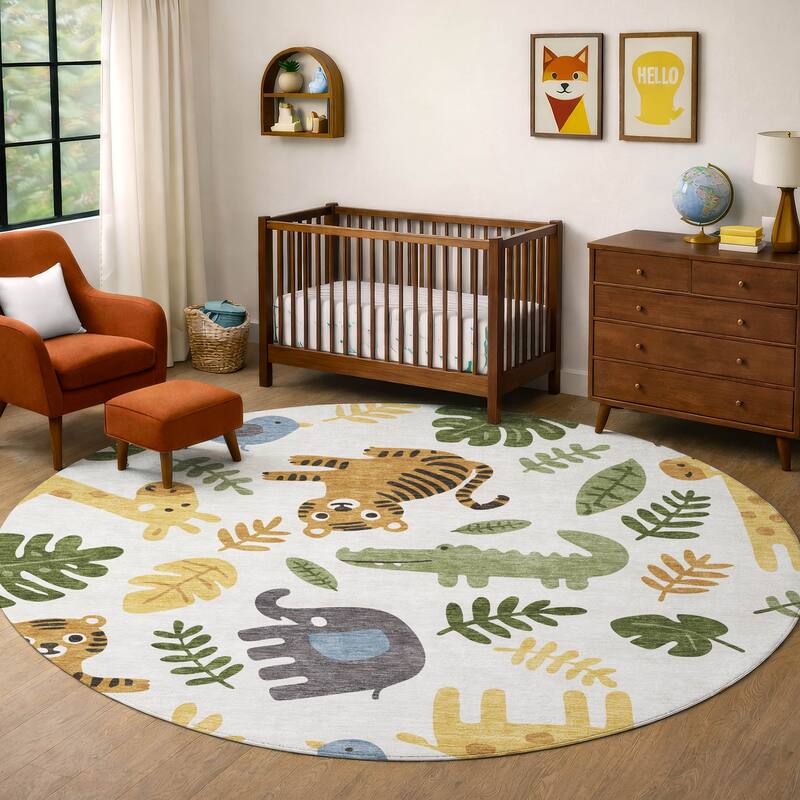 Machine Washable Indoor/ Outdoor Whimsy Safari Animals Chantille Rug