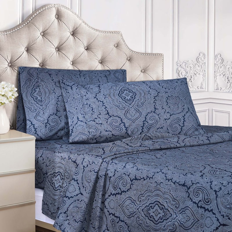 Superior Italian Paisley Cotton Blend 600 Thread Count Bed Sheet Set - Twin - Navy Blue