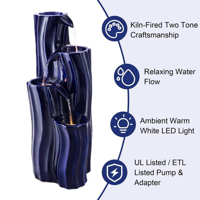 Glitzhome 29.5"H 4-Tiered Wavy Textured Outdoor Ceramic Floor Fountain with LED Light