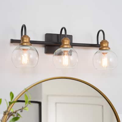 Modern Farmhouse 3-Light Black Gold Bathroom Vanity Light Globe Glass Wall Sconces