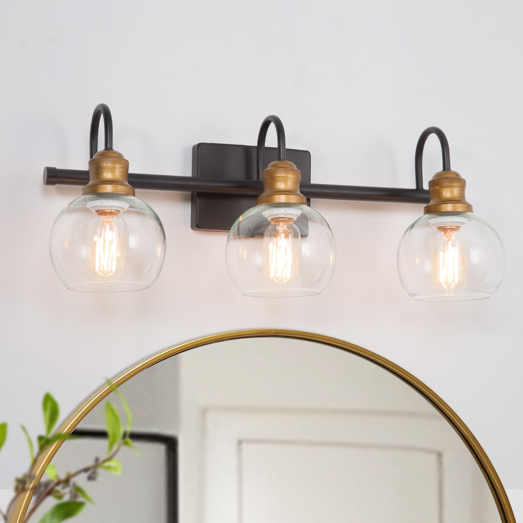 Modern Farmhouse 3-Light Black Gold Bathroom Vanity Light Globe Glass Wall Sconces
