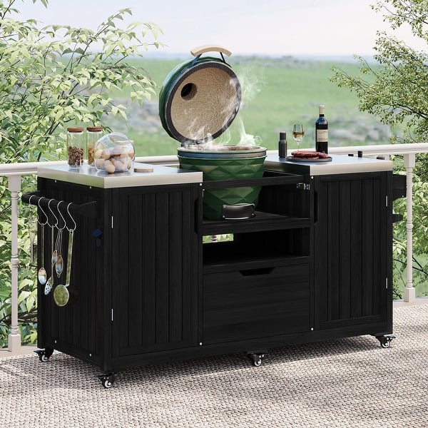 slide 2 of 20, 66.5" Outdoor Kitchen Island for Big Green Egg Grills, Solid Wood Grill Cart with Stainless Steel Top Black