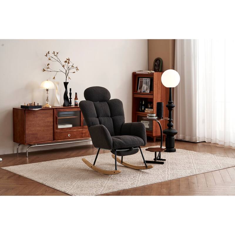 Comfortable Teddy Fabric Upholstered Rocking Chair with High Backrest and Pillows for Indoor Use