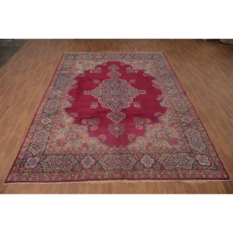 Hand Knotted Oriental 100% Wool Carpet Traditional Floral Pink Kerman Area Rug - 13' 10'' X 9' 9''