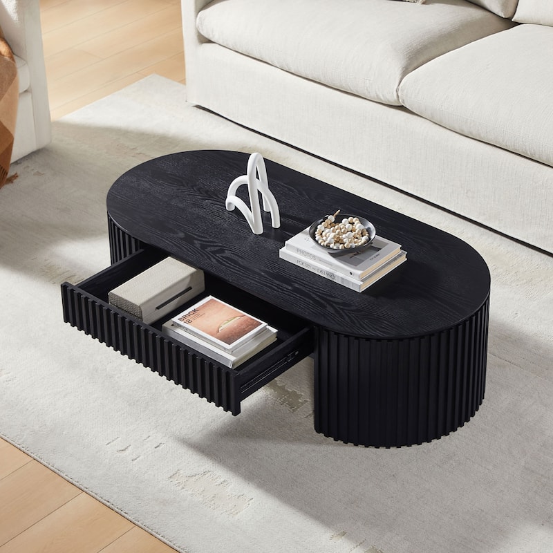 51.18" Mid-Century Modern Oval Wooden Coffee Table with Drawer for Living Room