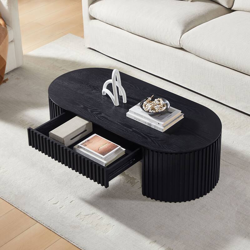 51.18" Oval Wood Coffee Table With Drawer Mid Century Modern Coffee Table Unique Coffee Table for Living Room Furniture