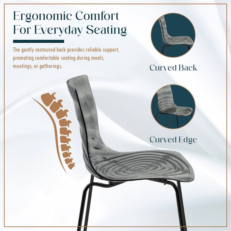 Astor Modern Minimalist Transparent Dining Chair with Black Metal Legs and Ripple Design Accent Side Chair for Indoor & Outdoor