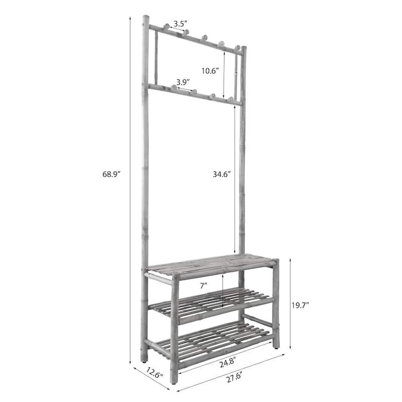 Handcrafted Natural Bamboo 3-in-1 Hall Tree with Bench Shoe Rack