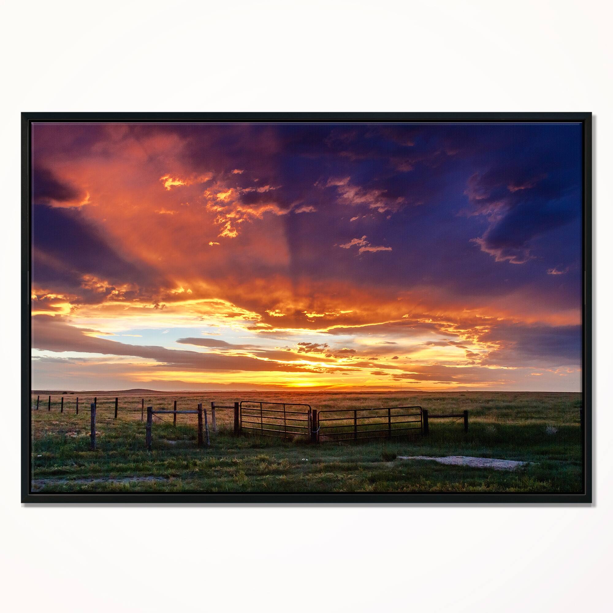Designart "Dramatic Sunset over Prairie" Large Landscape Framed Canvas