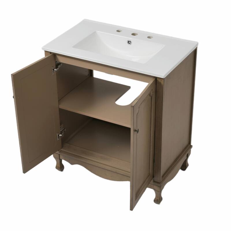 30" Vintage Bathroom Vanity - Rectangle Sink, Antique Handles, Solid Wood Legs, and Adjustable Shelves