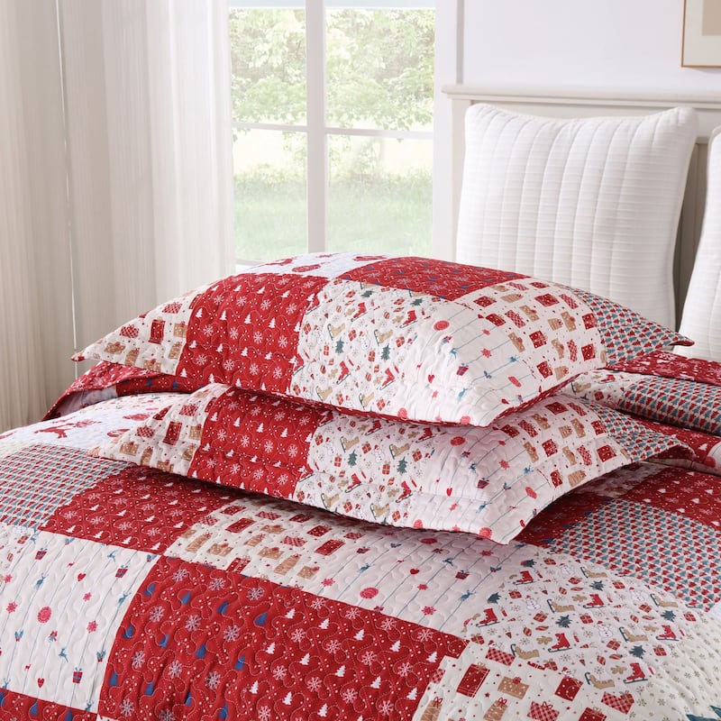 3 Pcs Christmas Patchwork Gift Quilt Bedspread Set