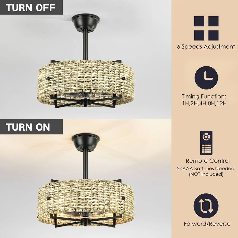 4-Light Traditional Boho Cylinder Drum Woven Rattan and Bamboo Ceiling Fan - 19.3 in. W x 8.3 in. H