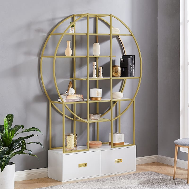 Roomfitters 70.8" Round Bookcase for Office, Bookshelf with Display Shelves and 2 Drawers, Gold Frame, Golden+White