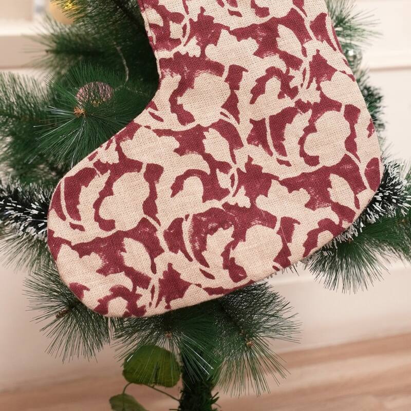 Fabdivine Handmade Floral Christmas Stockings Linen Block Print Décor - 10"X4.5" - Sulit- Red - Christmas Stockings