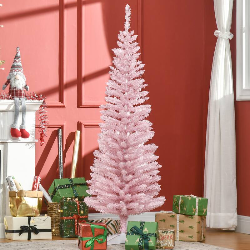 HOMCOM 5' Unlit Artificial Pencil Christmas Tree, Slim Xmas Tree with Foldable Metal Stand - 4.91 ft - Pink