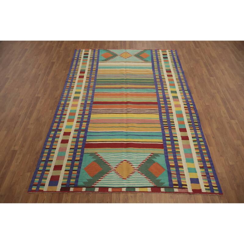 Hand Woven Oriental 100% Wool Carpet Southwestern Tribal Multi-Colored Kilim Area Rug - 9' 10'' X 6' 8''