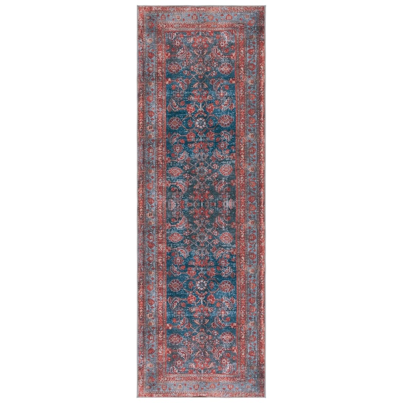 SAFAVIEH Tucson Machine Washable Slip Resistant Elmira Oriental Rug - 2'6" x 8' Runner - Blue/Rust