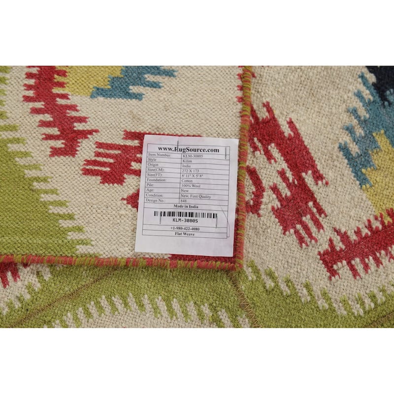 Green Kilim Oriental Area Rug Flatweave Wool Carpet - 5'8"x 8'11"