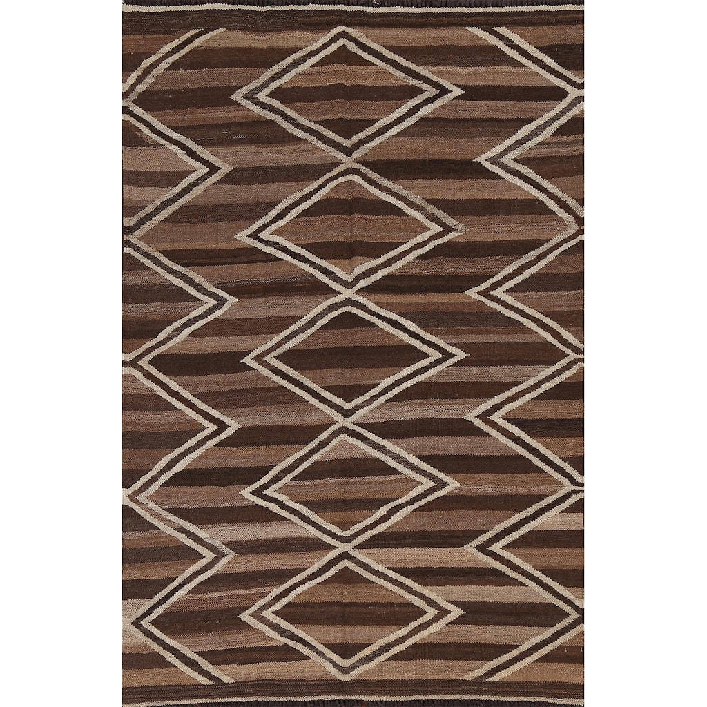 Natural Dye Geometric Kilim Oriental Area Rug Hand-woven Wool Carpet - 4'6" x 6'5"