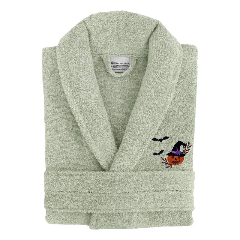 Authentic Hotel and Spa 100% Turkish Cotton Unisex Terry Bath Robe with Pumpkin Head Embroidery - S/M - Green