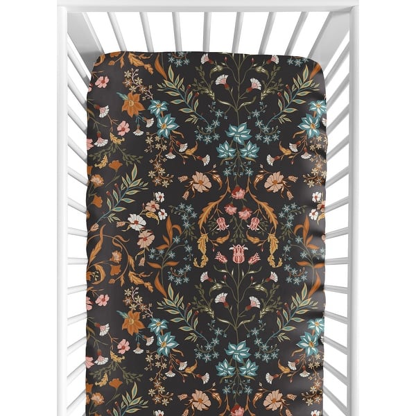 slide 2 of 6, Boho Wildflower Vintage Floral Girl Fitted Crib Sheet Black Orange Teal Daisy Leaves Botanical Paisley Flower Bohemian Farmhouse Nature/Baby Girl - Multicolor