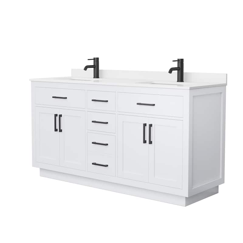 Beckett TK 66-inch Double Vanity, Single Hole Quartz Top - White, Black Trim, White Quartz Top