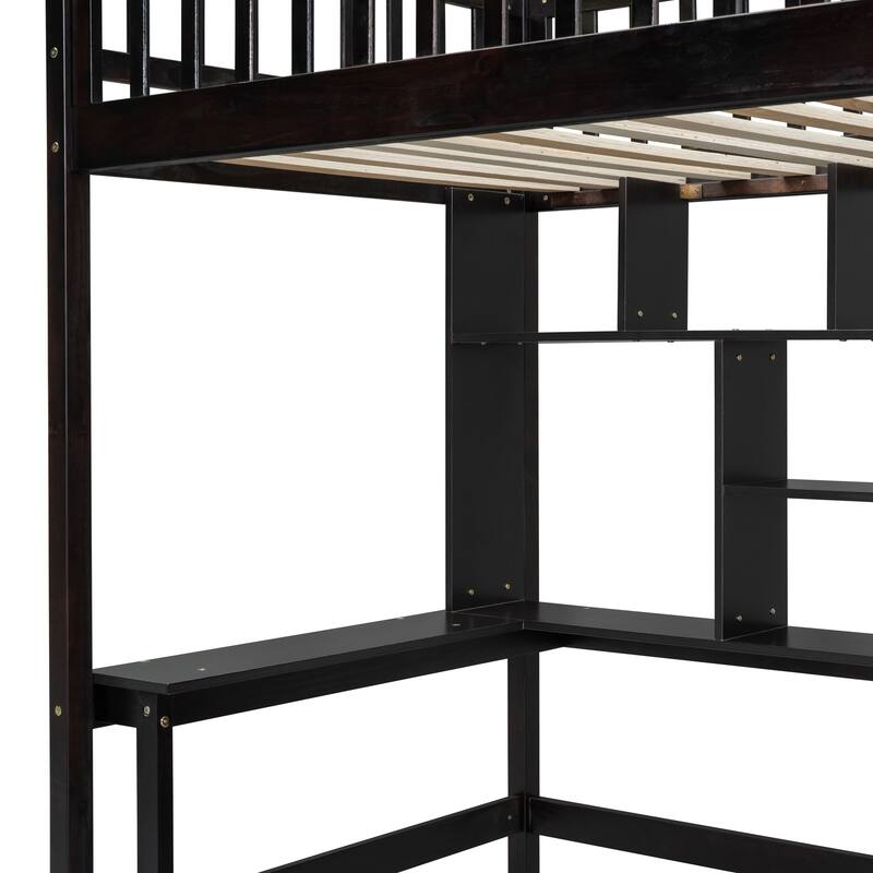 Twin Size Loft Bed with Built-in Desk and Wardrobe, Solid Wood Stairway Loftbed Frame with Bookshelf & Drawers for Kids/Bedroom