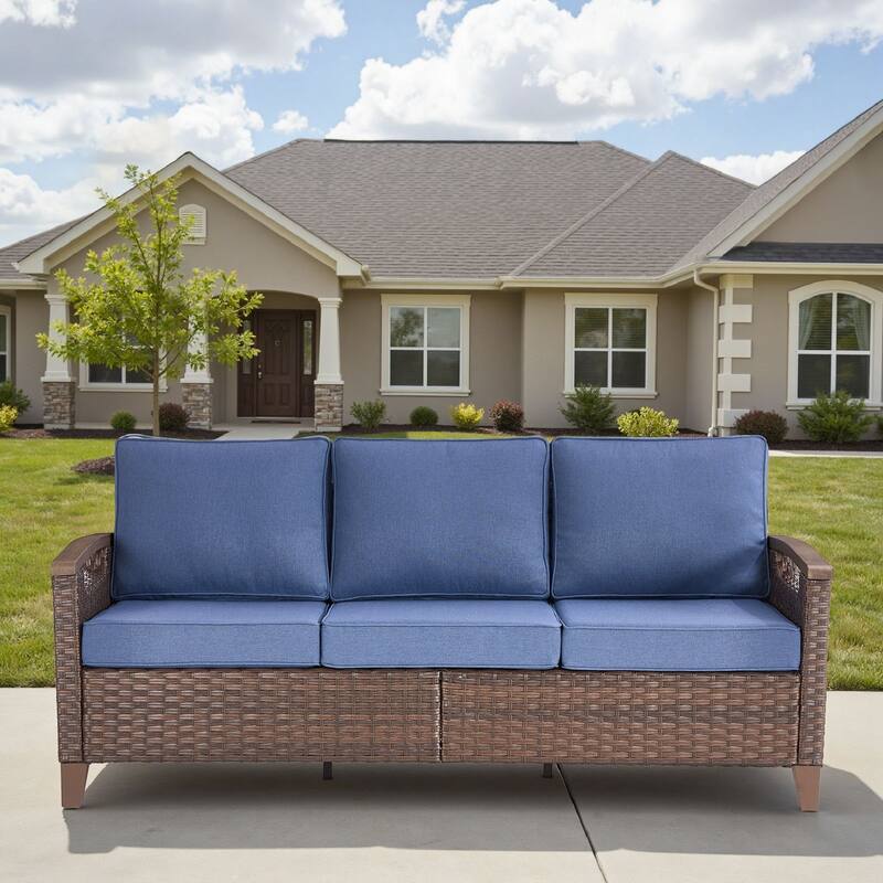 Pocassy Outdoor Brown Wicker Funitre with Cushion Set - Blue Cushion - 3-Seat Sofa