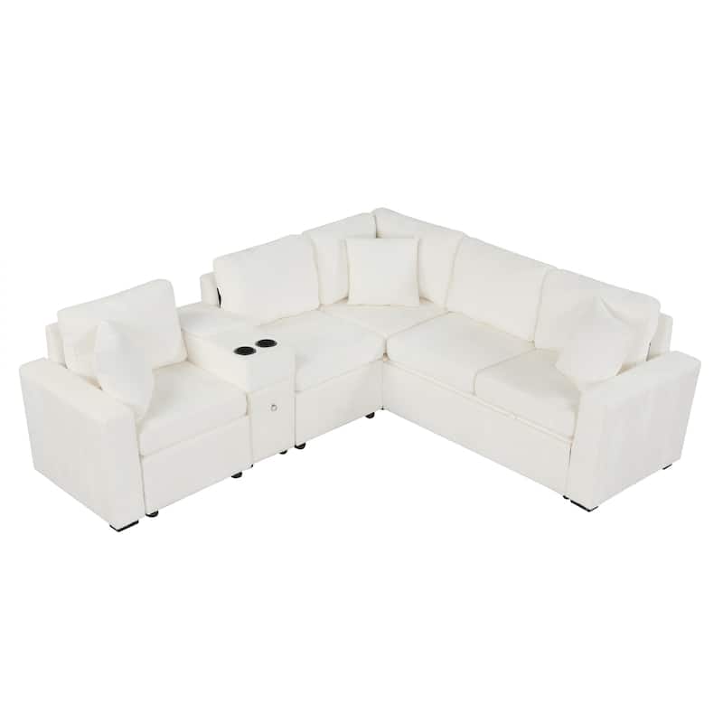 120.5" Chenille L-Shaped Sectional Sofa Bed with Storage & Cup Holders