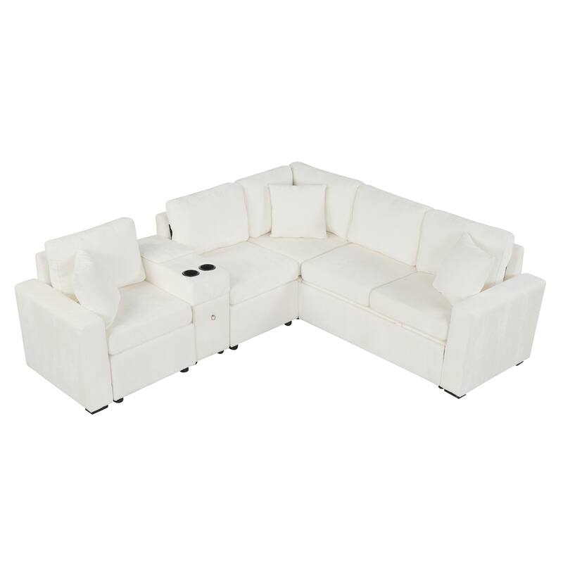 L-Shaped Modular Sectional Sofa with Pull-Out Bed, Chenille Convertible Sleeper Sofa Bed with Cup Holders & Multiple Storage
