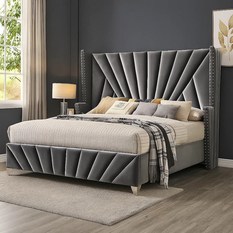 Ino Wingback King Bed, Nailhead Trim, Gray Tufted Velvet Upholstery