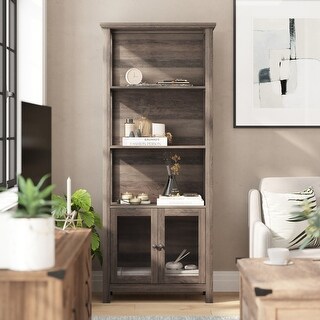 Modern Farmhouse Bookcase with Open Shelving and Glass Door Cabinet