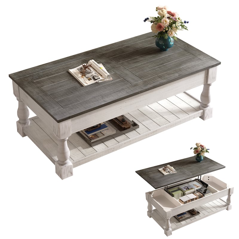 Farmhouse 47.24" Lift Top Coffee Table with Storage Trays Handcrafted Solid Wood for Stylish Living Room Storage