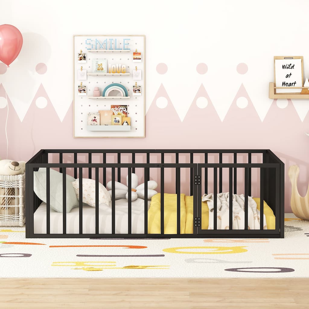 Metal Floor Bed Kids Open Frame with Fence and Door, Playhouse Bed for Kids Girls Boys