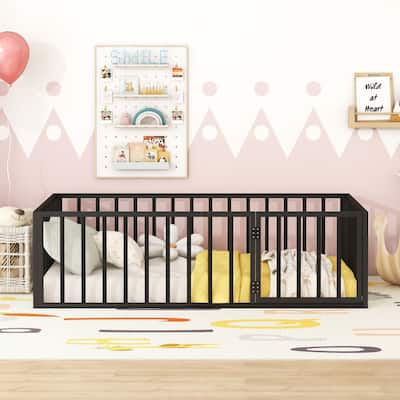 Metal Floor Bed Versatile Kids Bed without Slats, Sturdy Metal Floor Bed Frame with Fence and Door