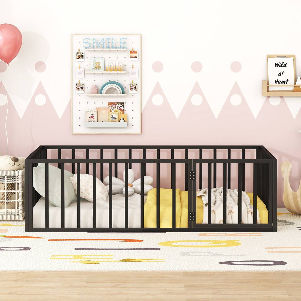 Metal Floor Bed Versatile Kids Bed without Slats, Sturdy Metal Floor Bed Frame with Fence and Door