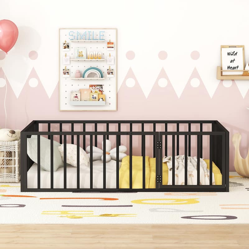 Twin Size Metal Floor Bed Frame with Fence and Door for Kids, Boys and Girls, Bedroom