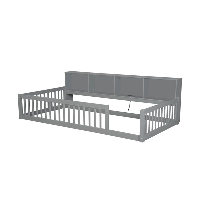 Twin XL Size Floor Bed with Built-in Storage Cabinets, USB Ports, and Charging Station, Perfect for Kids and Small Rooms
