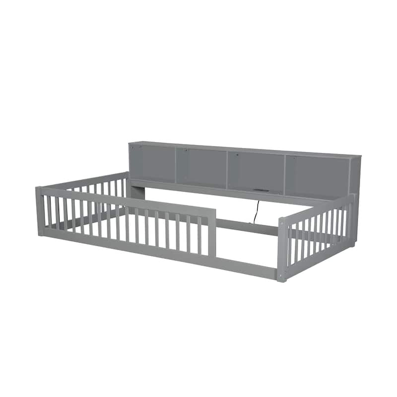 Wood Twin XL Size Floor Bed with Storage Cabinets and USB Ports, Solid Wood Bedframe w/Fence, No Box Spring Needed