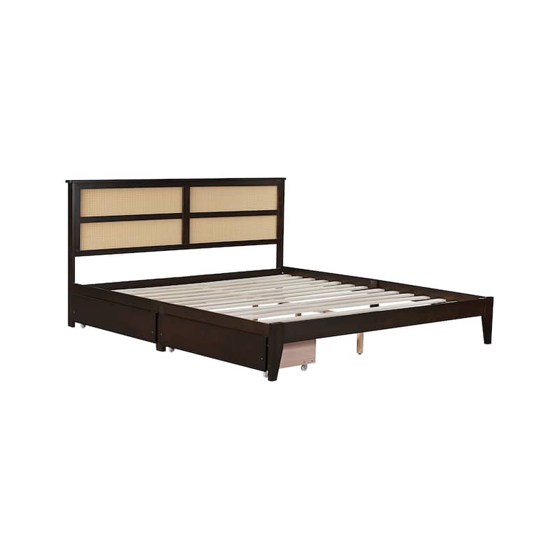 Queen Size Platform Bed with Rattan Headboard, 2 Underbed Storage Drawers, Solid Rubber Wood Frame