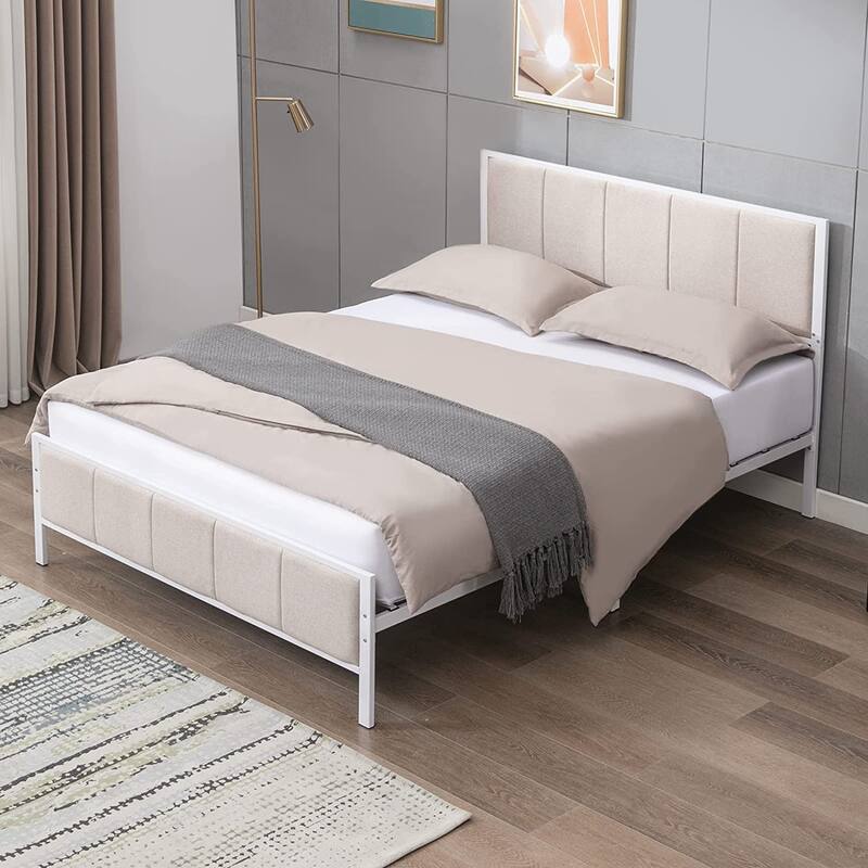 Mixoy Bed Frame, Linen Upholstered Platform Bed Bedroom, Bed Frame with Channel Tufted Headboard, No Box Spring Needed