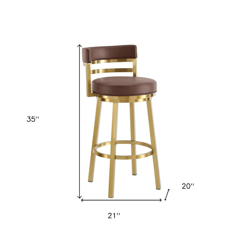 HomeRoots 26" Coffee and Gold Faux Leather and Stainless Steel Low Back Counter Height Swivel Bar Chair