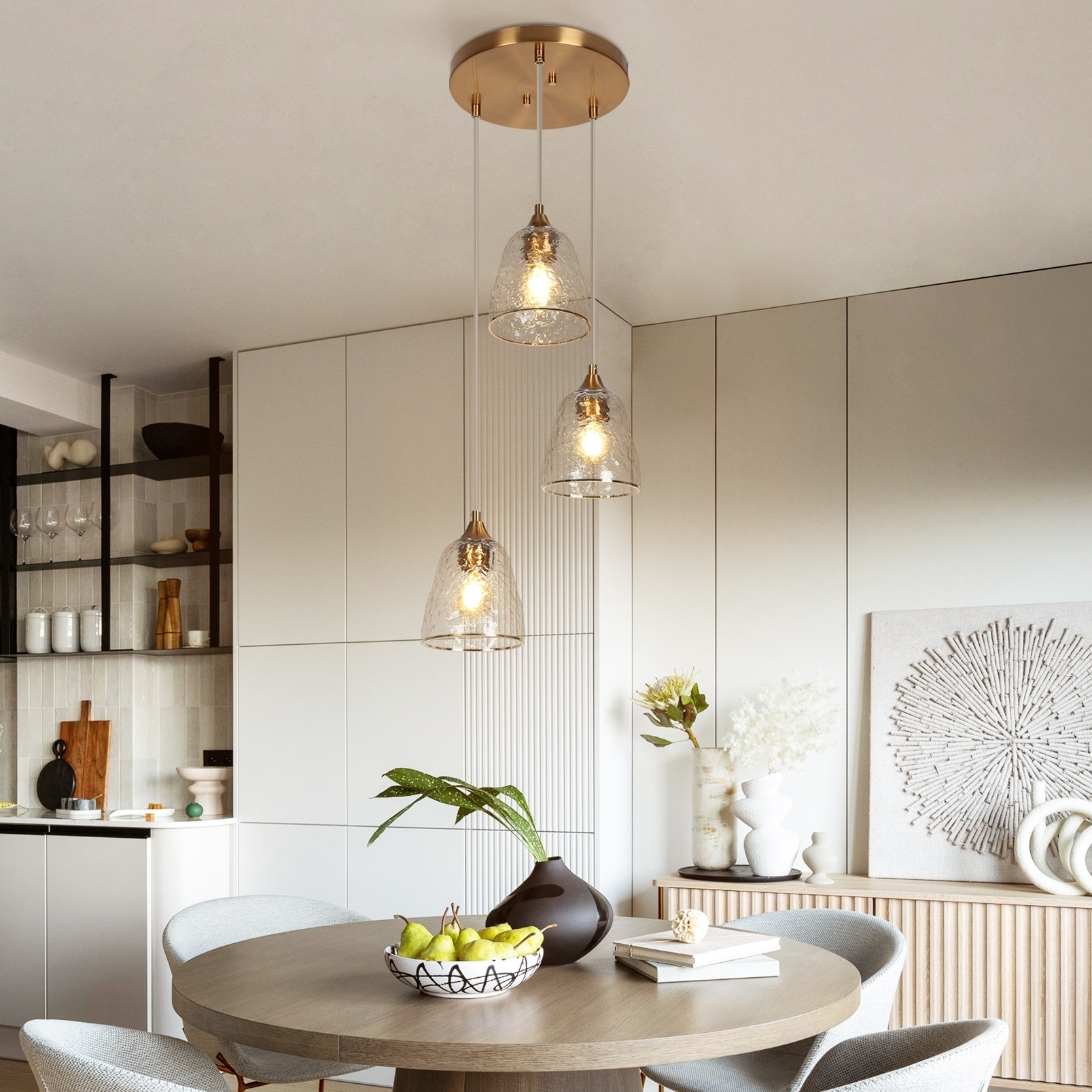 Modern 3 Light Gold Chandelier Cluster Glass Island Lights for Dining Room D13.5 H69 Plating Brass