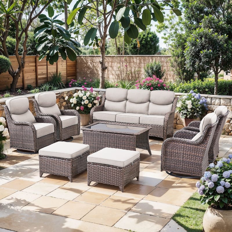 Pocassy Outdoor Patio Furniture Sofa Swivel Chairs Sets - Brown Wicker Beige Cushion - Sofa Swivel Chair with Ottoman Set of 8